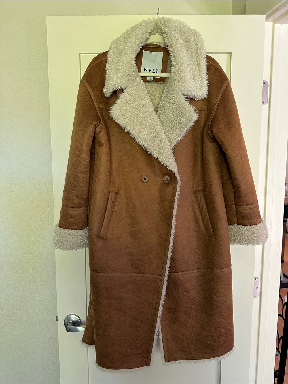 NVLT Brown Trench Shearling Coat with Cream Sherpa Trim